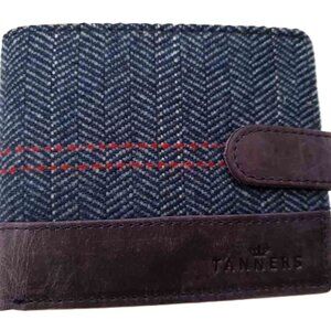 Tanners Herringbone Wool Tweed and Leather Bifold Wallet Blue Brown RFID Men's